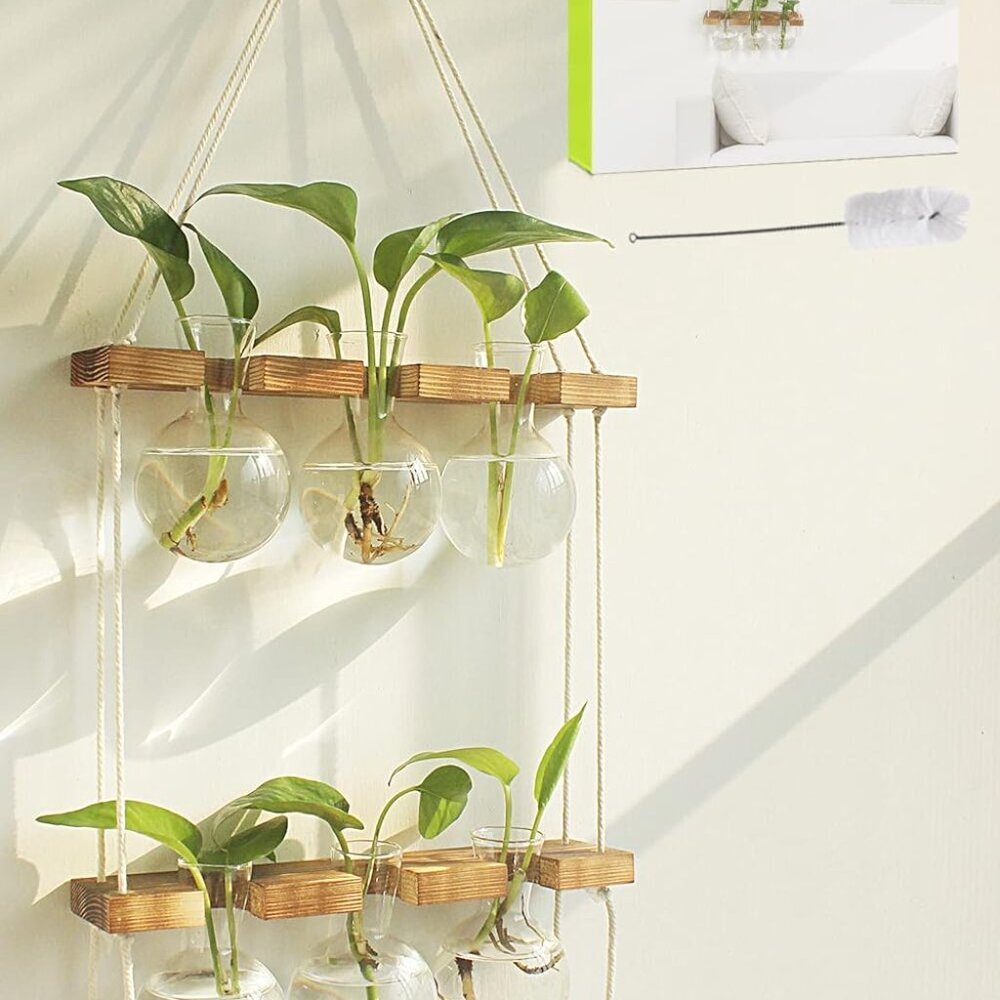 Plant Propagation Station Wall Hanging, Plant Terrarium With 2 Tiered Wooden Sta